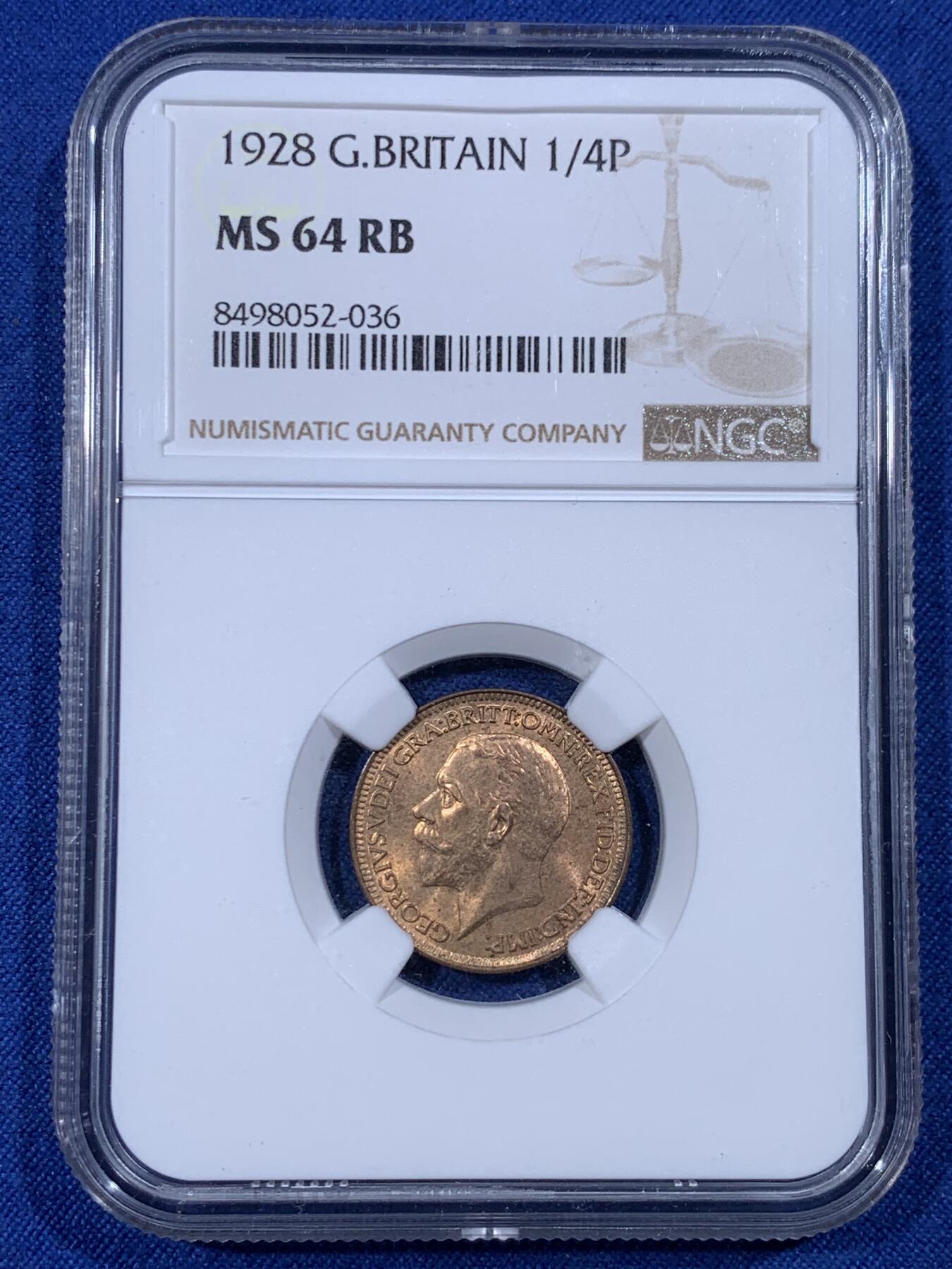 《竞宝斋》第430场 周日，周一，周二 3场连拍 （全场包邮） NGC MS64RB 英国1928年乔治五世一法新铜币，原光状态，铜光很足，辅币流通充分，高分难得