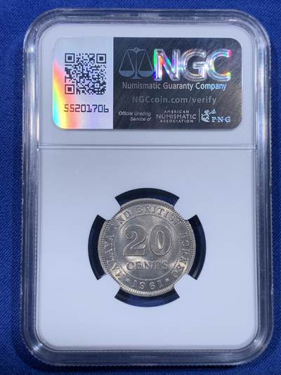 《竞宝斋》第430场 周日，周一，周二 3场连拍 （全场包邮） NGC MS65 英属马来亚1961年伊丽莎白二世20分镍币 光度好 漂亮！此分合适收藏！