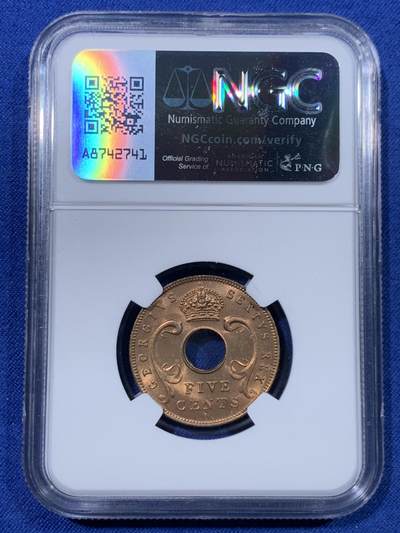 《竞宝斋》第430场 周日，周一，周二 3场连拍 （全场包邮） 两枚一组 NGC MS65RB 1952年英属东非乔六时期5/10分铜币 合适收藏的分数！铜光漂亮！