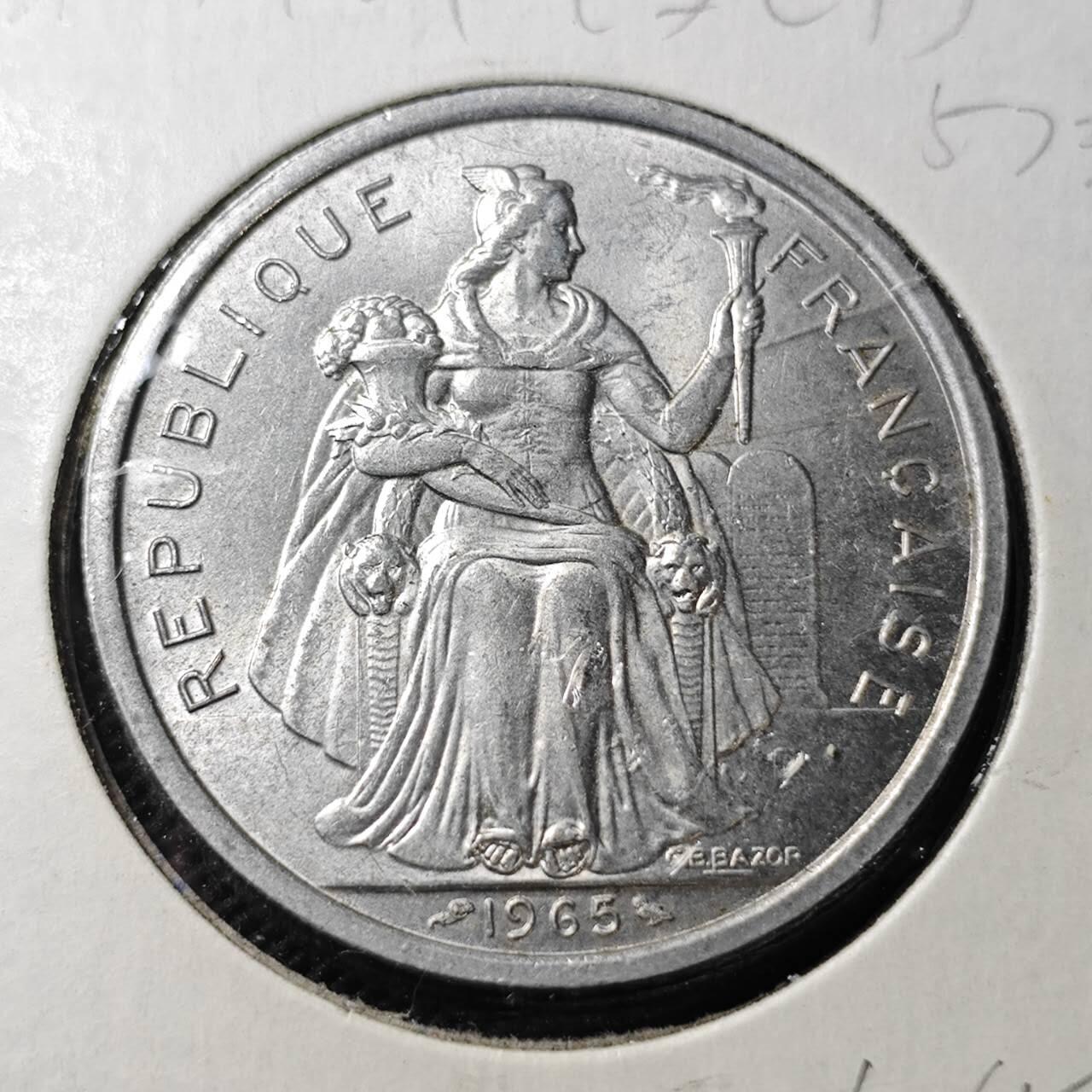 KK钱币收藏小铺  第356场  2月预留时间 周末发货  1965法属波利尼西亚5法郎