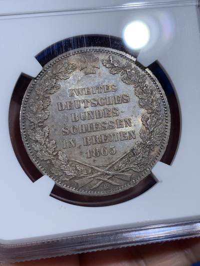 《竞宝斋》第430场 周日，周一，周二 3场连拍 （全场包邮） NGC MS63 德国1865年不莱梅泰勒银币，酱五彩十分漂亮