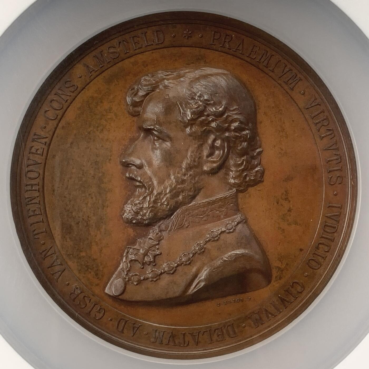 掌中浮雕-藏着的欧洲第038场 NGC MS64 : 1883年阿姆斯特丹市长Gijsbertus van Tienhoven铜章，75mm，J. Elion雕刻