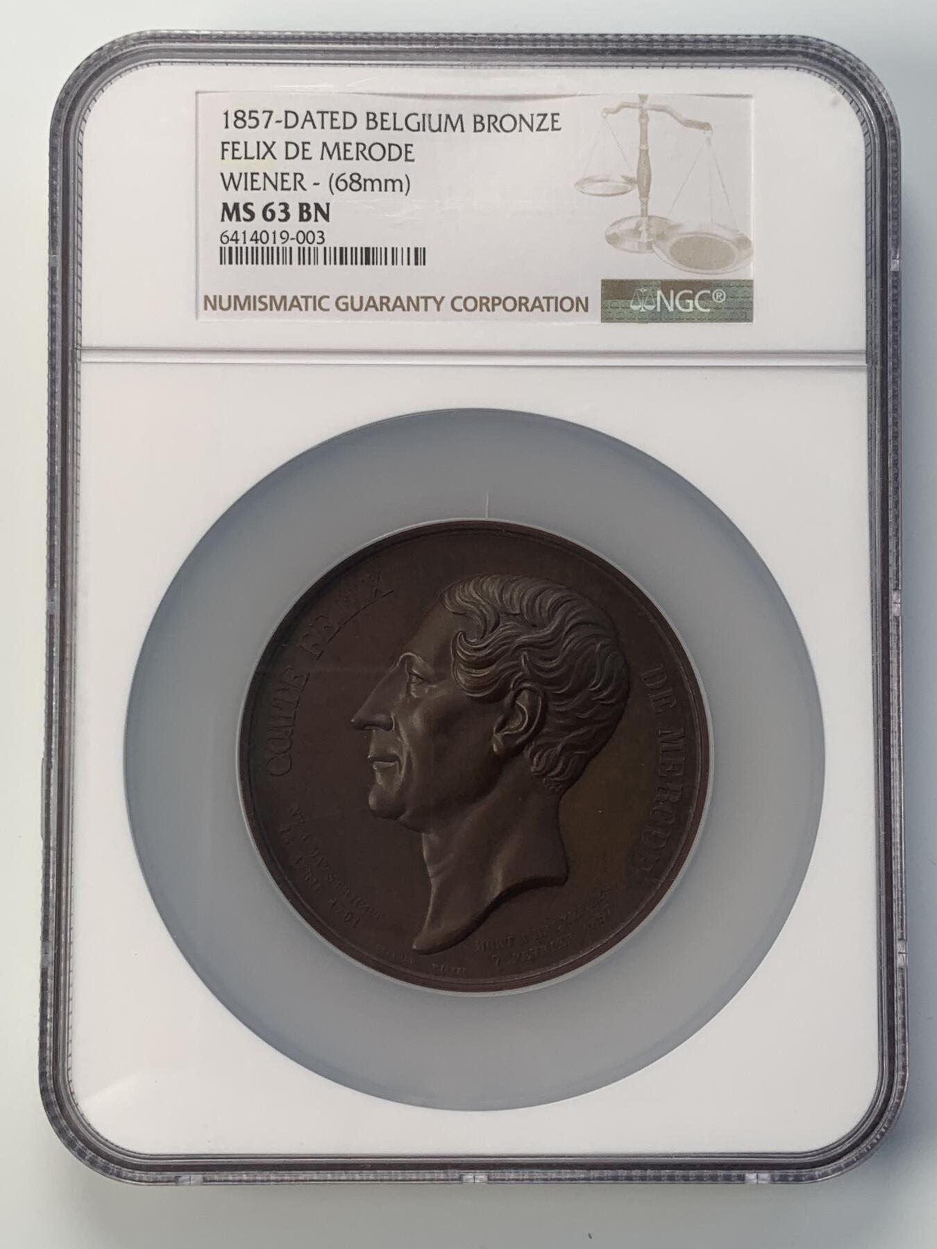 掌中浮雕-藏着的欧洲第038场 NGC MS63 : 1857年比利时财政部长费利克铜章，68mm