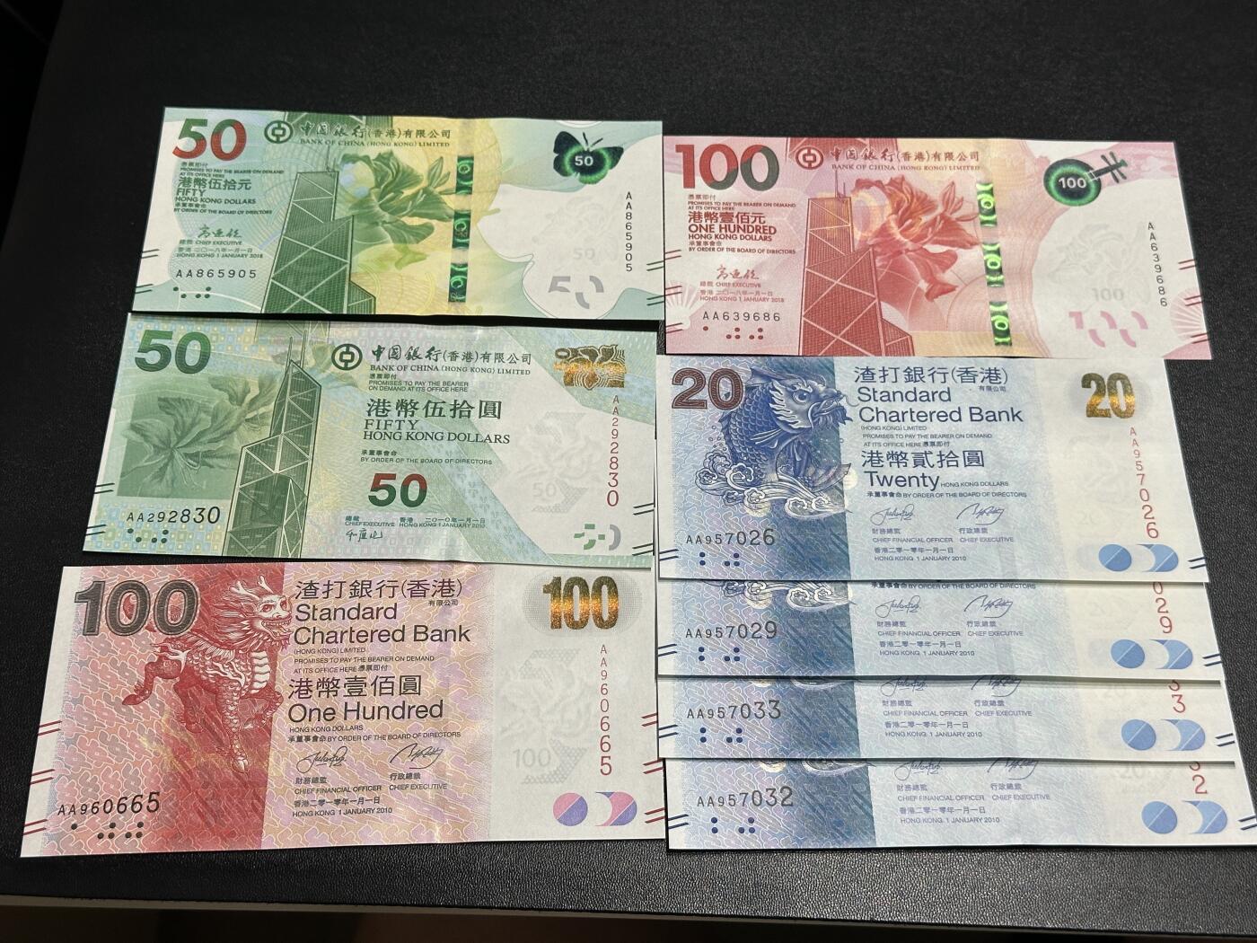 《外钞收藏家》第五百七十七期（精品场）（本平台长期征集拍品、欢迎藏友们联系合作） 港币20-100元 八张一起 全部是AA冠靓号 全新UNC
