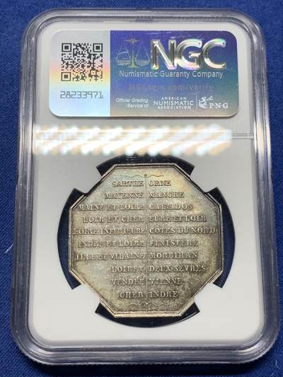 《竞宝斋》第430场 周日，周一，周二 3场连拍 （全场包邮） NGC MS64 法国勒芒火灾保险公司八角银制代币 MERLEY作品 蜜蜂边铭银标 早期版本 原味包浆，高分好品！