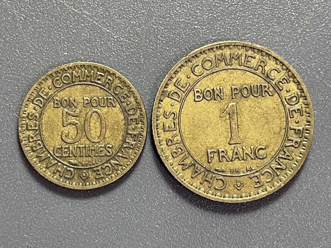 回流1019 法国商务部1922年、1923年1法郎、50分座人铜币