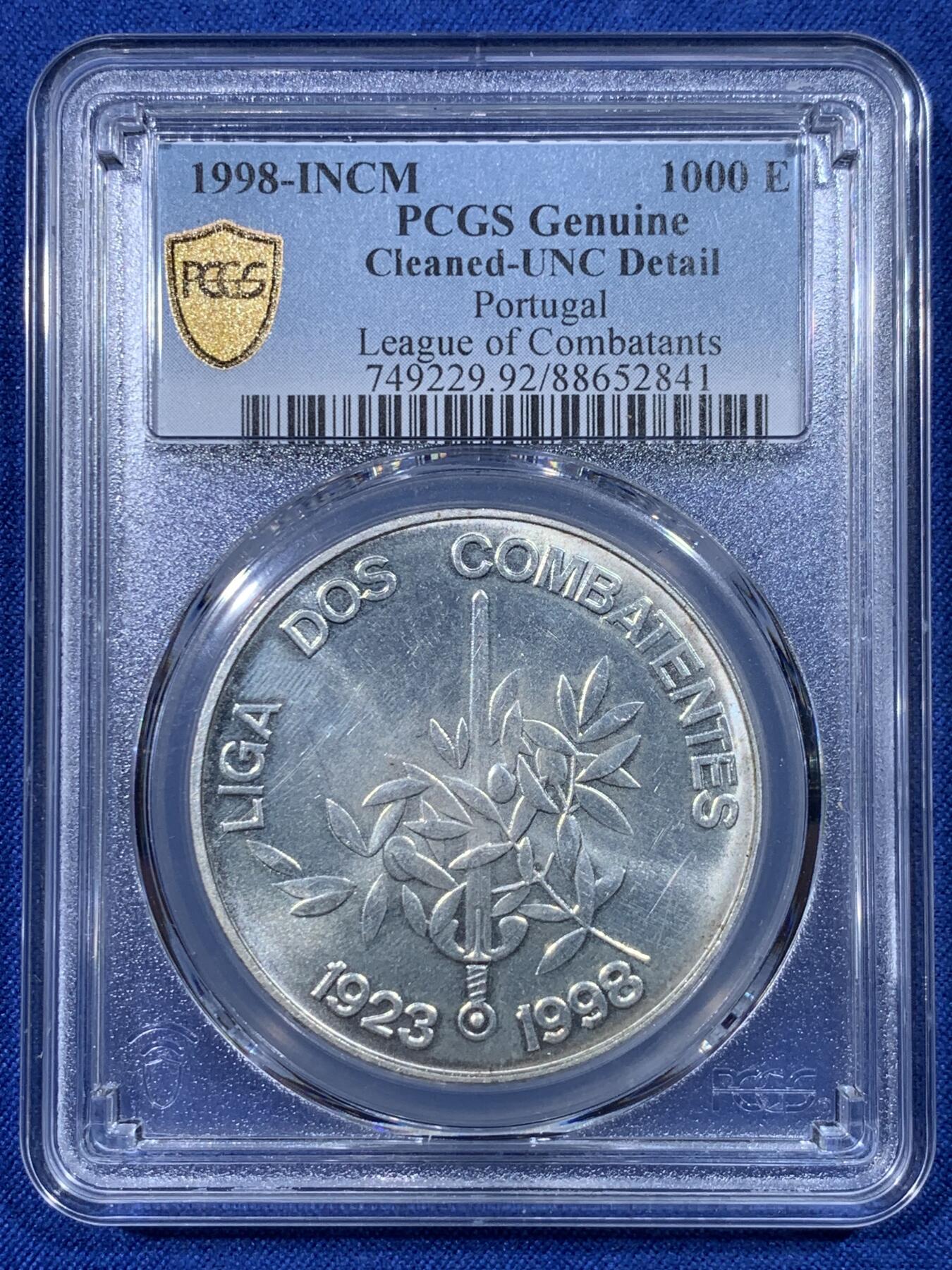 《竞宝斋》第430场 周日，周一，周二 3场连拍 （全场包邮） PCGS UNC 葡萄牙1998年发行联盟战争纪念75周年1000埃斯库多 28.2克 40MM。带原光