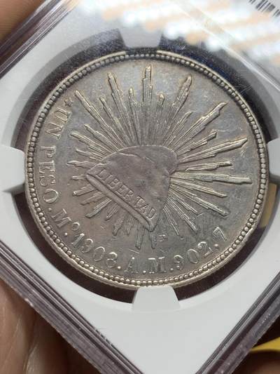 《竞宝斋》第430场 周日，周一，周二 3场连拍 （全场包邮） NGC AU 1908年 墨西哥鹰洋MO AM 两面光度很强 老洗币 两面已有淡包浆