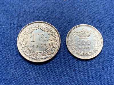 《竞宝斋》第430场 周日，周一，周二 3场连拍 （全场包邮） 两枚一组 葡萄牙1910年100瑞斯银币 + 原光瑞士1962年1法郎银币