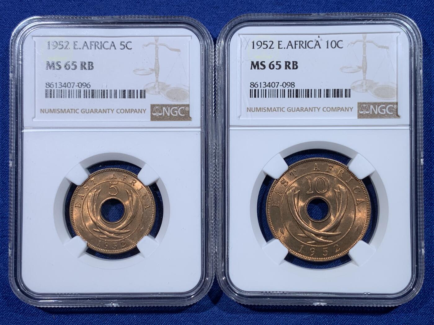 《竞宝斋》第430场 周日，周一，周二 3场连拍 （全场包邮） 两枚一组 NGC MS65RB 1952年英属东非乔六时期5/10分铜币 合适收藏的分数！铜光漂亮！