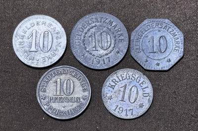 北京马甸外国币专卖第145期，外国币专场，陆续上拍，欢迎关注 德国帝国普法芬.霍芬紧急状态币5枚