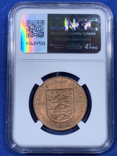 《竞宝斋》第430场 周日，周一，周二 3场连拍 （全场包邮） NGC MS65RB 英属泽西岛1966年1/12先令诺曼征服纪念 红棕色充分氧化 高分少见