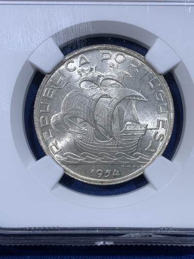 《竞宝斋》第430场 周日，周一，周二 3场连拍 （全场包邮） NGC MS63 葡萄牙1954年10埃斯库多大航海帆船银币 卷拆原光