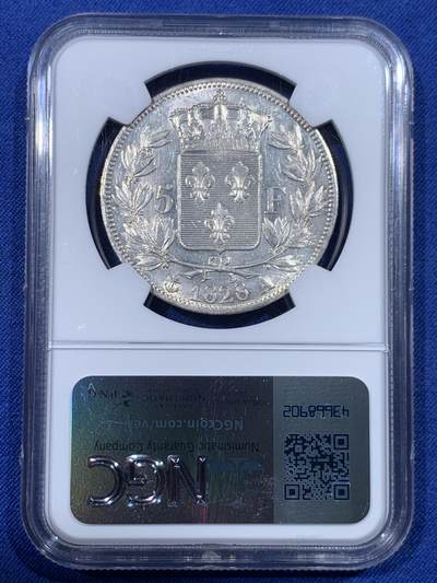 《竞宝斋》第430场 周日，周一，周二 3场连拍 （全场包邮） NGC AU58 法国1828年查理十世5法郎大银币 背面转光极好 略为低评