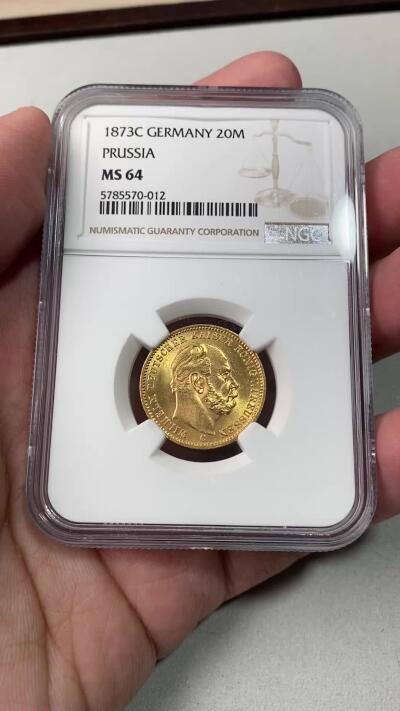 万国钱币拍卖第053期【万国秋季大拍下●周五周六两场连拍】 NGC MS64 1873年德国普鲁士威廉一世短翅流通20马克金币 柏林厂铸 顶级丝滑金光闪耀 7.96g 900金