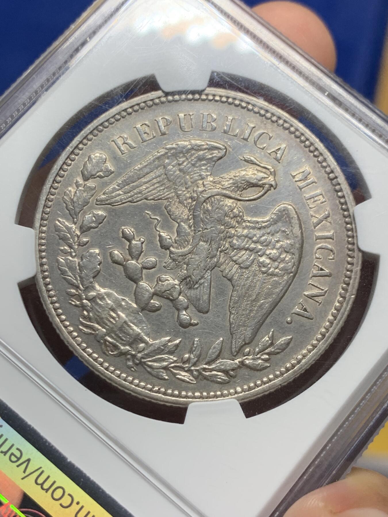 《竞宝斋》第430场 周日，周一，周二 3场连拍 （全场包邮） NGC AU 1908年 墨西哥鹰洋MO AM 两面光度很强 老洗币 两面已有淡包浆