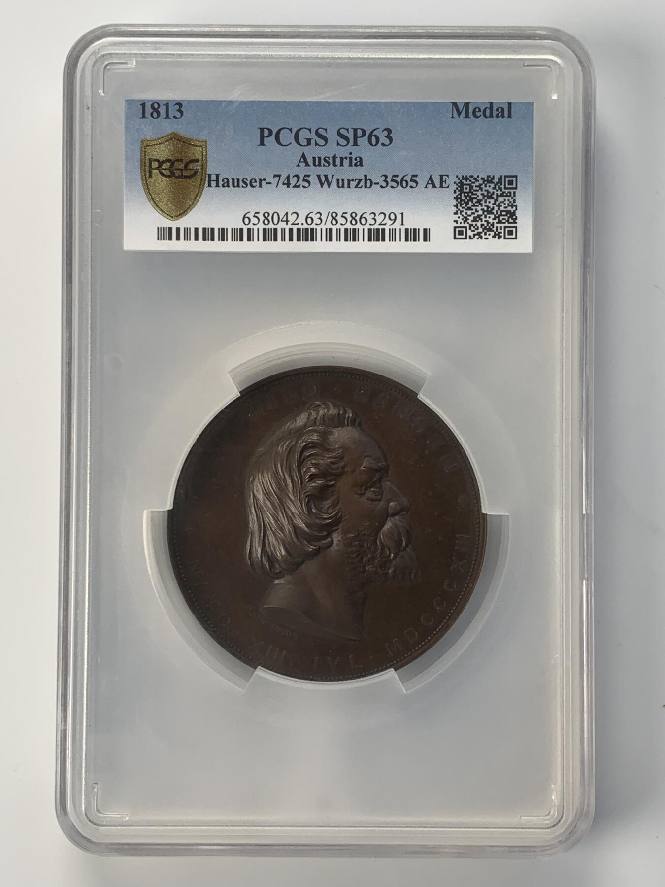 掌中浮雕-藏着的欧洲第038场 PCGS SP63 : 1883年丹麦建筑师兼维也纳教授Theophil Hansen70岁诞辰铜章 ，60mm
