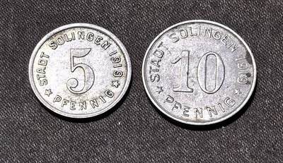 北京马甸外国币专卖第145期，外国币专场，陆续上拍，欢迎关注 德国帝国：索林根1916年5芬尼与10芬尼紧急代币