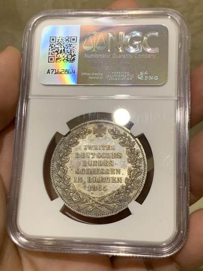 《竞宝斋》第430场 周日，周一，周二 3场连拍 （全场包邮） NGC MS63 德国1865年不莱梅泰勒银币，酱五彩十分漂亮