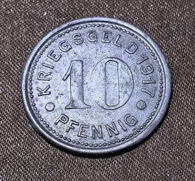 北京马甸外国币专卖第145期，外国币专场，陆续上拍，欢迎关注 1917年德国帝国施特拉尔松德城市10芬尼紧急代币，