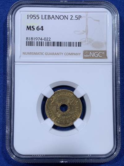 《竞宝斋》第430场 周日，周一，周二 3场连拍 （全场包邮） - NGC MS64 黎巴嫩1955年2.5皮阿斯特中孔黄铜币