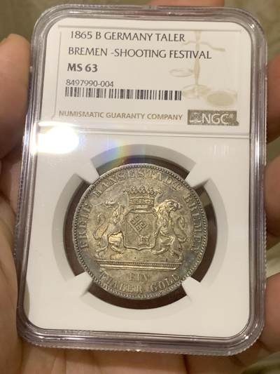 《竞宝斋》第430场 周日，周一，周二 3场连拍 （全场包邮） NGC MS63 德国1865年不莱梅泰勒银币，酱五彩十分漂亮