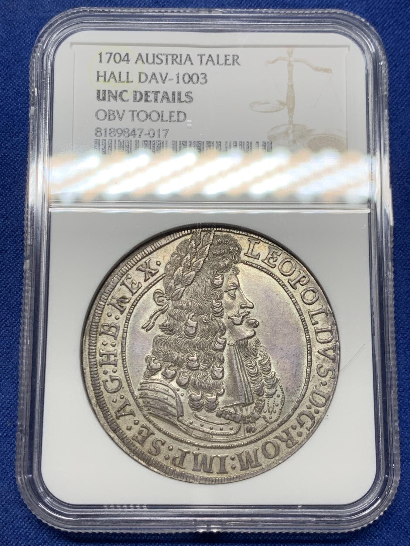 《竞宝斋》第430场 周日，周一，周二 3场连拍 （全场包邮） NGC UNC 神圣罗马帝国 哈布斯堡王朝1704年 利奥波德一世 猪嘴 泰勒大银币 打制深俊 很不错的品种