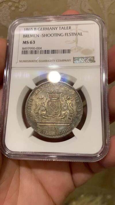 《竞宝斋》第430场 周日，周一，周二 3场连拍 （全场包邮） NGC MS63 德国1865年不莱梅泰勒银币，酱五彩十分漂亮
