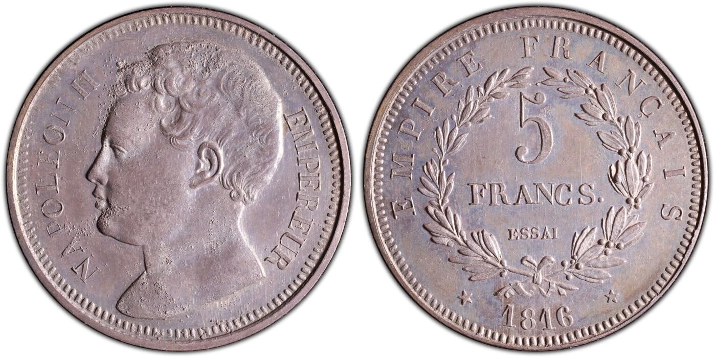 万国钱币拍卖第053期【万国秋季大拍上●周五周六两场连拍】 PCGS SP64 1816年法国拿破仑二世5法郎大银 实际铸造为1860年 推测是拿破仑三世为确认拿破仑王朝的连续性而制作的样币 布鲁塞尔造币厂铸 正面均匀煤炭包浆 背面灰金包浆 NP双料冠军分 根据金属成分分析显示此枚含银量高达98% 今年1月62分SBP成交价逾5000美金