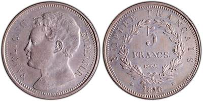 万国钱币拍卖第053期【万国秋季大拍上●周五周六两场连拍】 - PCGS SP64 1816年法国拿破仑二世5法郎大银 实际铸造为1860年 推测是拿破仑三世为确认拿破仑王朝的连续性而制作的样币 布鲁塞尔造币厂铸 正面均匀煤炭包浆 背面灰金包浆 NP双料冠军分 根据金属成分分析显示此枚含银量高达98% 今年1月62分SBP成交价逾5000美金