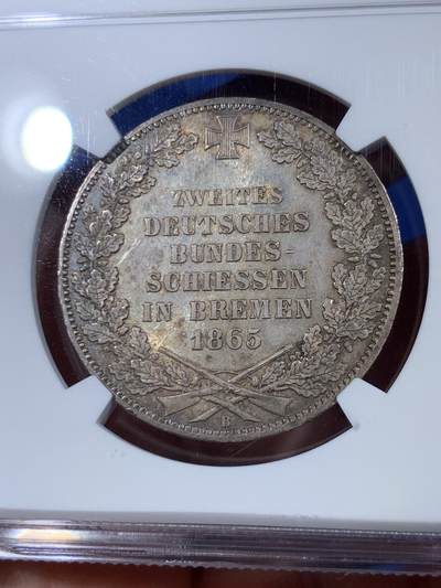 《竞宝斋》第430场 周日，周一，周二 3场连拍 （全场包邮） NGC MS63 德国1865年不莱梅泰勒银币，酱五彩十分漂亮