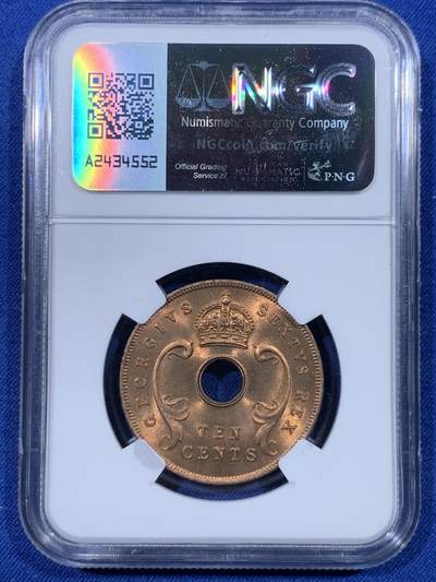 《竞宝斋》第430场 周日，周一，周二 3场连拍 （全场包邮） 两枚一组 NGC MS65RB 1952年英属东非乔六时期5/10分铜币 合适收藏的分数！铜光漂亮！