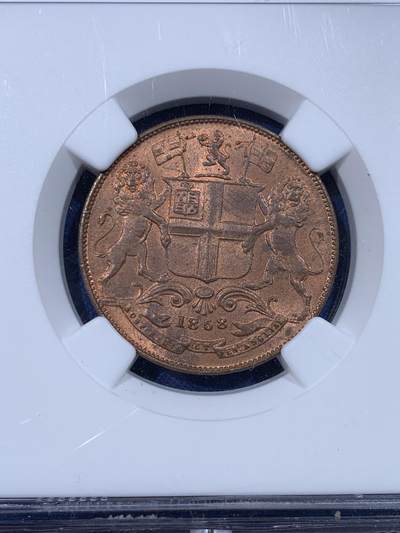 《竞宝斋》第430场 周日，周一，周二 3场连拍 （全场包邮） NGC MS64RB 1858年英属东印度公司四分之一安娜，华丽双狮徽章，经典品种，东印度公司的最后铸币。双面靓丽红光，铜光充沛，收藏级品质