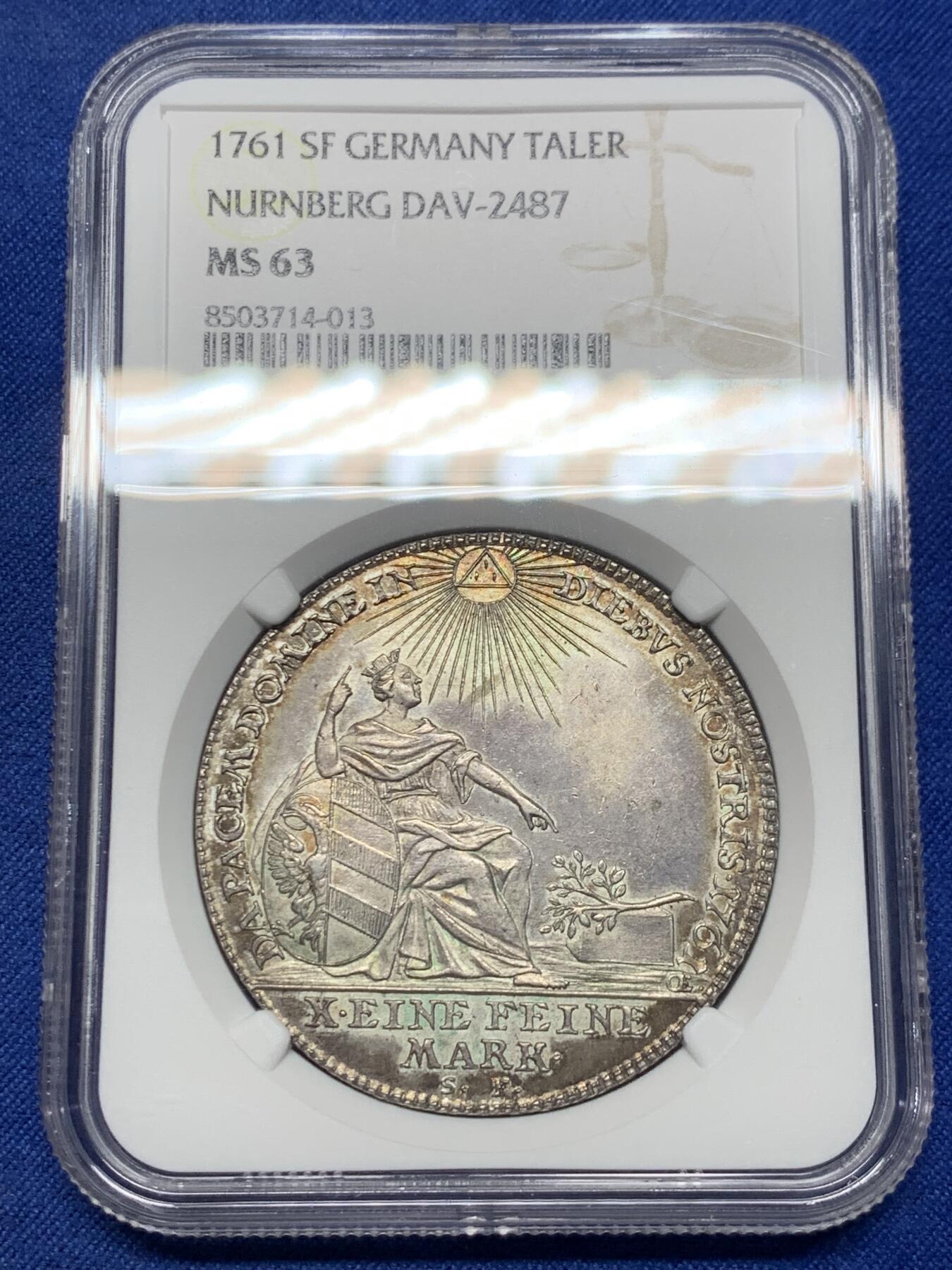 《竞宝斋》第430场 周日，周一，周二 3场连拍 （全场包邮） 冠军分 NGC MS63 德国 1761年  纽伦堡帝国自由城  弗朗茨一世 坐人 双头鹰 泰勒大银币 独年发型 极好状态