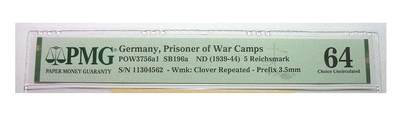 【旋风钱币】10月25日19:00准时开拍 精美欧洲币章、第三帝国钱币、精美项链等 全场包邮 PMG MS64 德国第三帝国1939-44年集中营战俘营5马克 原光挺版