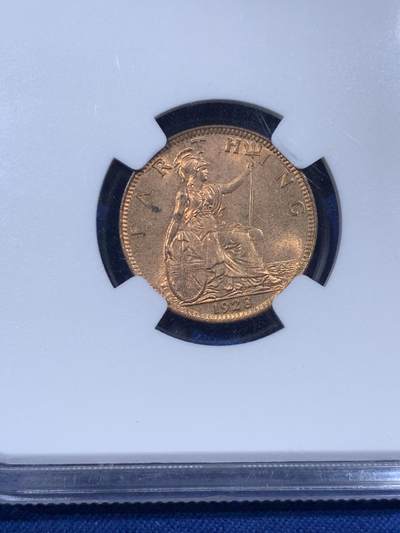 《竞宝斋》第430场 周日，周一，周二 3场连拍 （全场包邮） NGC MS64RB 英国1928年乔治五世一法新铜币，原光状态，铜光很足，辅币流通充分，高分难得