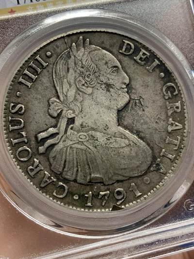 《竞宝斋》第430场 周日，周一，周二 3场连拍 （全场包邮） 公博 1791年西属墨西哥卡四双柱大银币  私铸，老东西，非常有意思的一枚趣味品，没见过第二枚，极其少见。细节见图