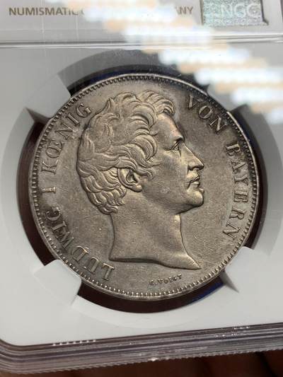 《竞宝斋》第430场 周日，周一，周二 3场连拍 （全场包邮） NGC AU58 德国 巴伐利亚 1845年 路德维希一世 皇孙纪念2泰勒大银币 非常热门的路德维希历史系2泰勒大银币 少见品种