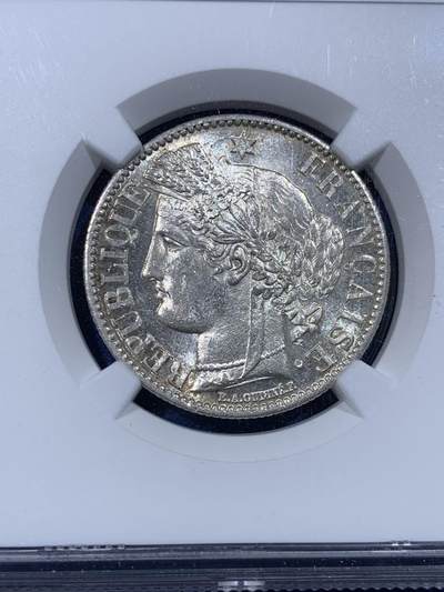 《竞宝斋》第430场 周日，周一，周二 3场连拍 （全场包邮） NGC MS64 法国1887谷物女神2法郎银币，经典谷物女神头像，暴力霜银转光，底板丝滑。2法郎流通充分，高分非常难得，记录更高仅7枚，ms60分书价150美金。