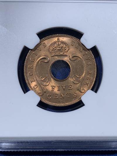《竞宝斋》第430场 周日，周一，周二 3场连拍 （全场包邮） 两枚一组 NGC MS65RB 1952年英属东非乔六时期5/10分铜币 合适收藏的分数！铜光漂亮！