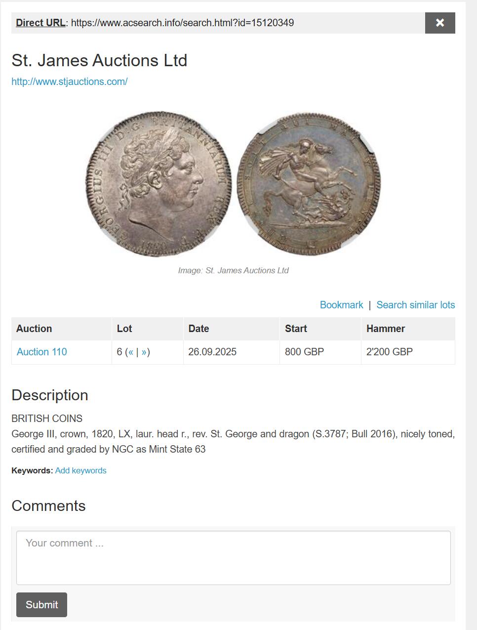 万国钱币拍卖第053期【万国秋季大拍上●周五周六两场连拍】 PCGS MS63 1818年英国乔治三世马剑克朗 英国马剑系列首年开山之作 打制锋利初铸感极强 类镜面质感的底板在英系渐变五彩的加持下绝对称得上是视觉享受 Salton名家旧藏 国际市场涨幅非常明显的品种