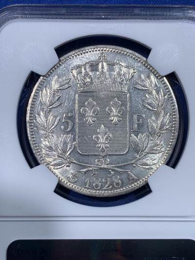 《竞宝斋》第430场 周日，周一，周二 3场连拍 （全场包邮） NGC AU58 法国1828年查理十世5法郎大银币 背面转光极好 略为低评