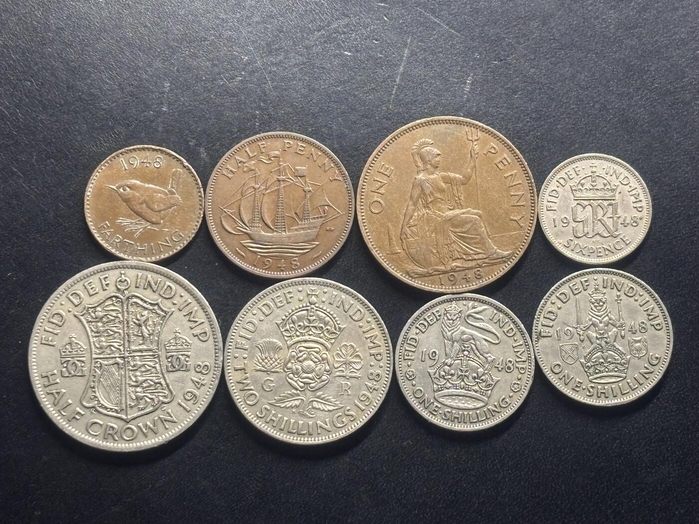 邮泉阁限时拍卖第三十二场 英国硬币专场（硬币在国外。请付邮费6元。） 英国乔治六世国王1948年8枚