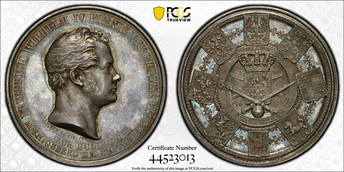 万国钱币拍卖第053期【万国秋季大拍上●周五周六两场连拍】 PCGS SP63 1840年德国普鲁士威廉四世克承大统继国王位加冕纪念大银章 焕蓝彩加持 普鲁士经典名誉加冕系列的开山之作 后续的威廉一世 二世均以此设计为蓝本