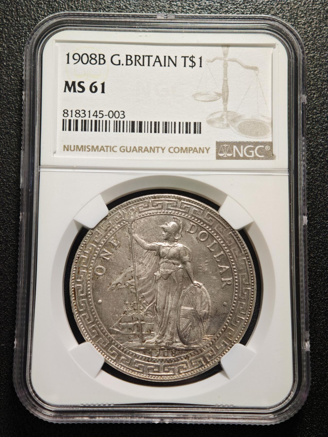 【德藏】世界币章拍卖第150期（拍品征集中~欢迎藏友联系） 1908年 英属贸易银币站洋壹圆银币 NGC MS61 原味包浆