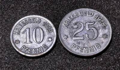 北京马甸外国币专卖第145期，外国币专场，陆续上拍，欢迎关注 德国帝国科布伦茨（Coblenz）1918年10芬尼25芬尼紧急状态币