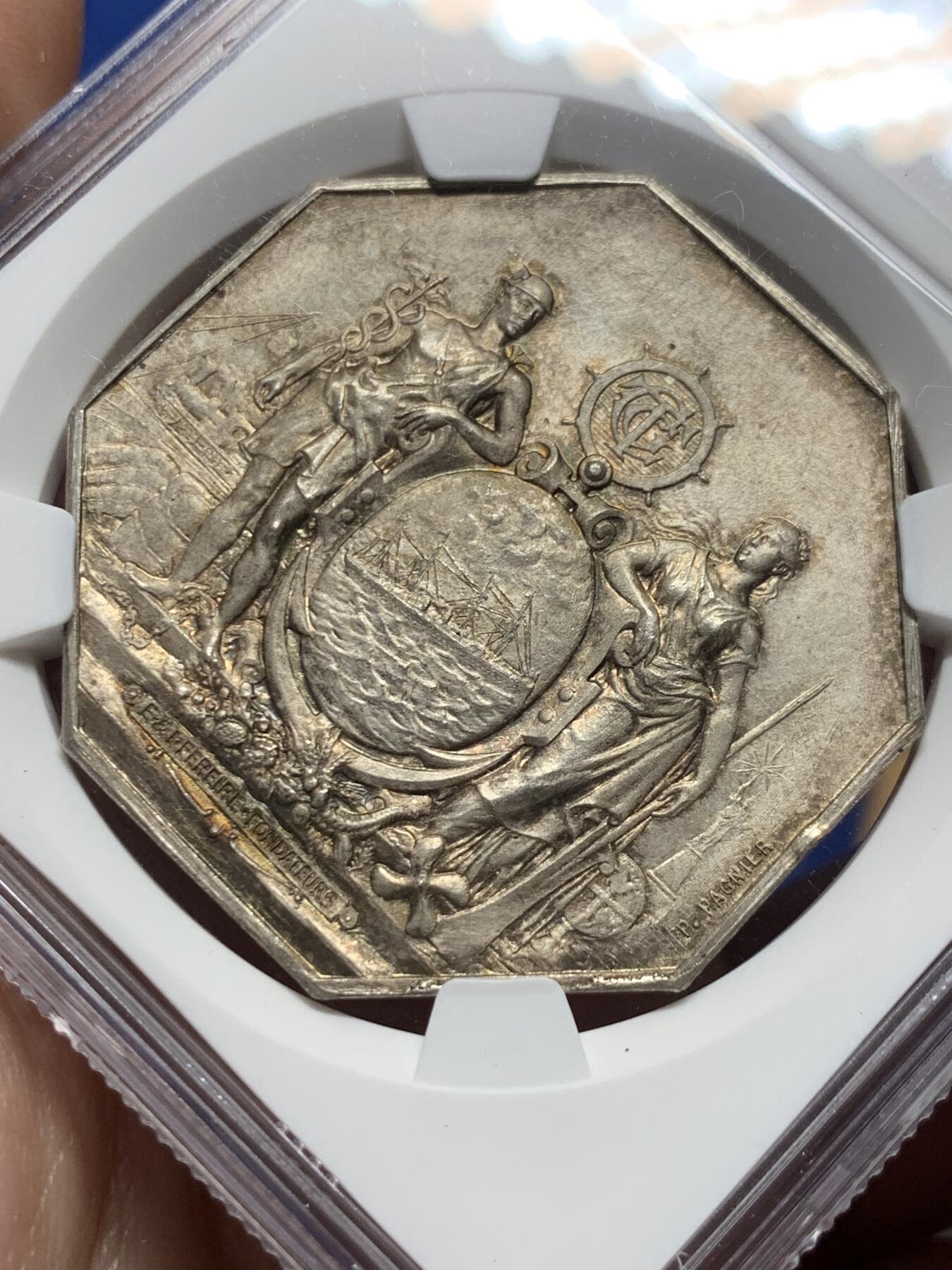 《竞宝斋》第431场 周日，周一，周二 3场连拍 （全场包邮） NGC MS64 法国跨大西洋邮政公司大尺寸八角银质代币