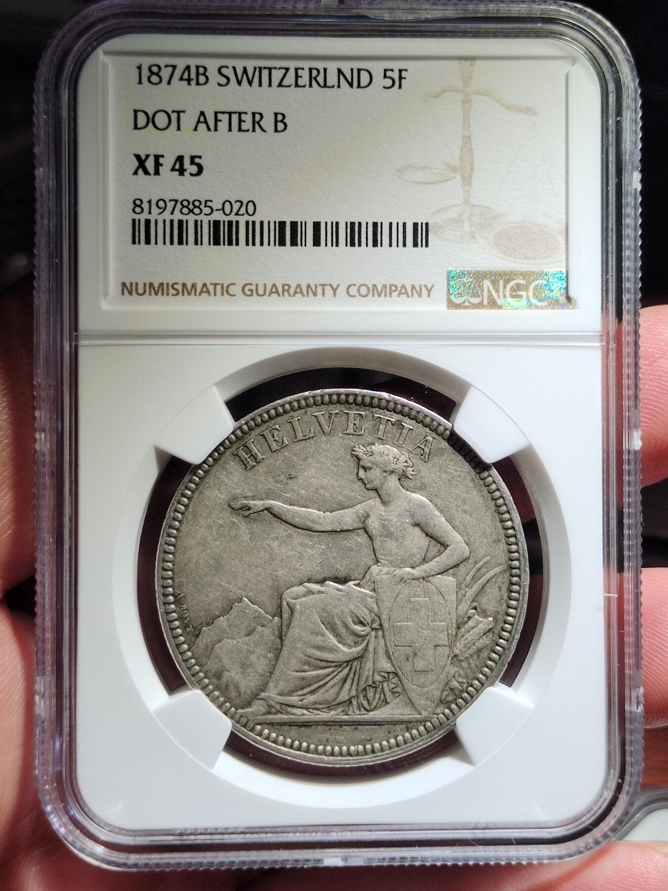 中外钱币第五场 NGC-XF45瑞士1874年5法郎B.少见版