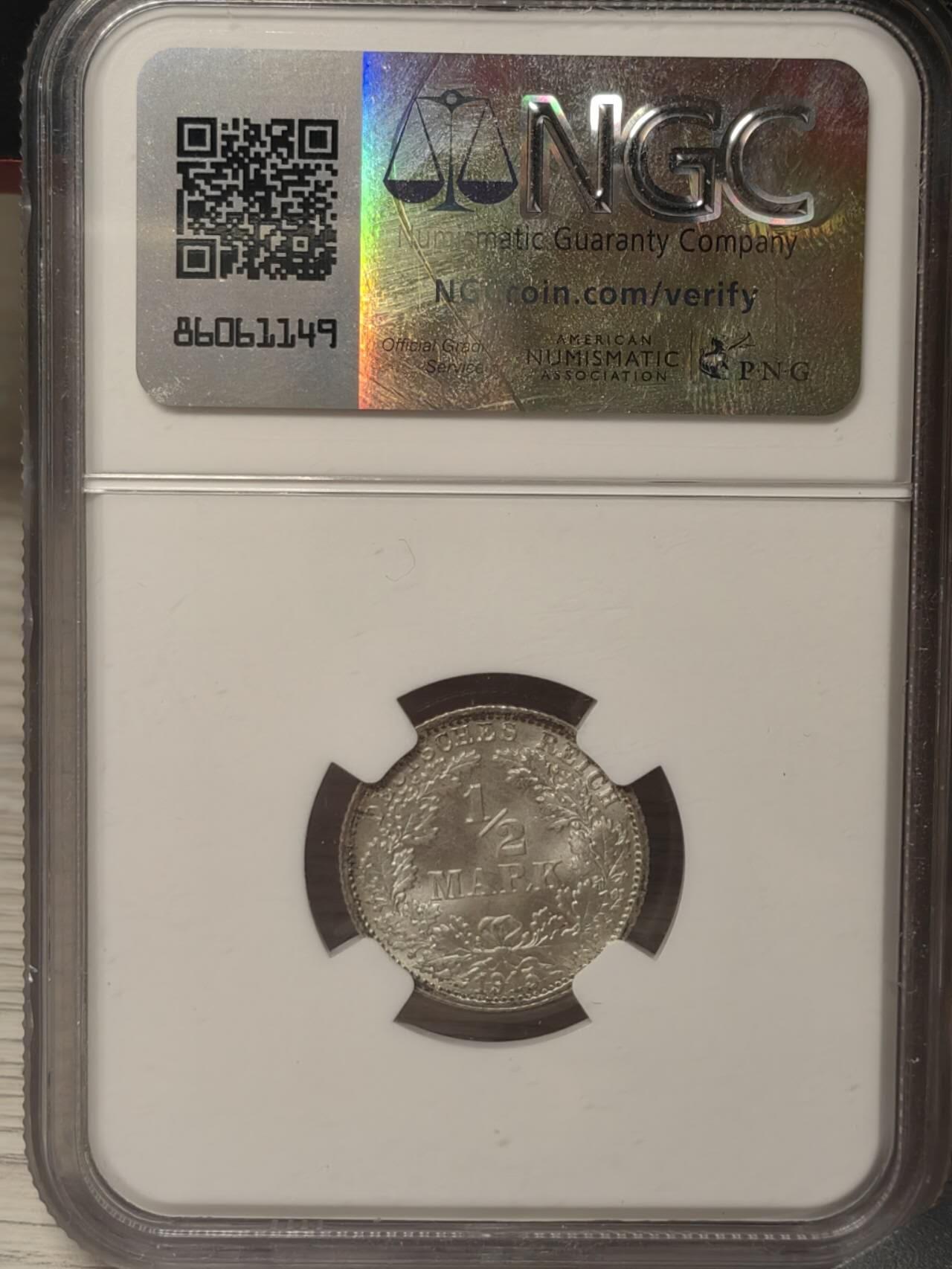 NGC-MS68,德国1/2马克银币.1915F,世界最高分