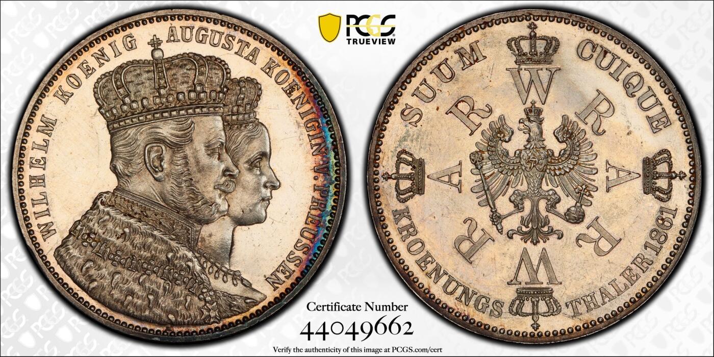 万国钱币拍卖第053期【万国秋季大拍上●周五周六两场连拍】 PCGS PR62 1861年德国普鲁士威廉国王加冕纪念精制1泰勒 精制镜面月牙蓝彩 毛衣泰勒易得 镜面精铸万里挑一